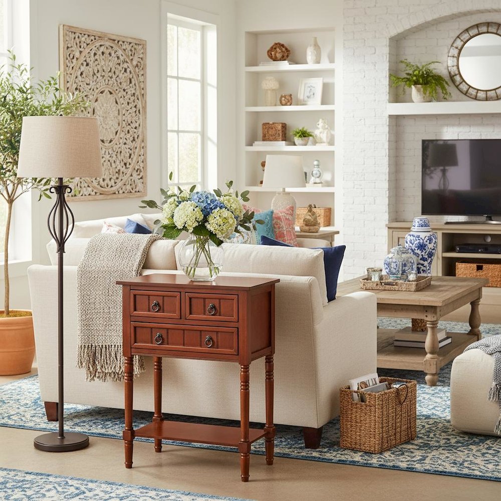 Entryway Hall Table, Cherry, 3 Drawers, 2 Shelves, Quick Setup. Picture 3