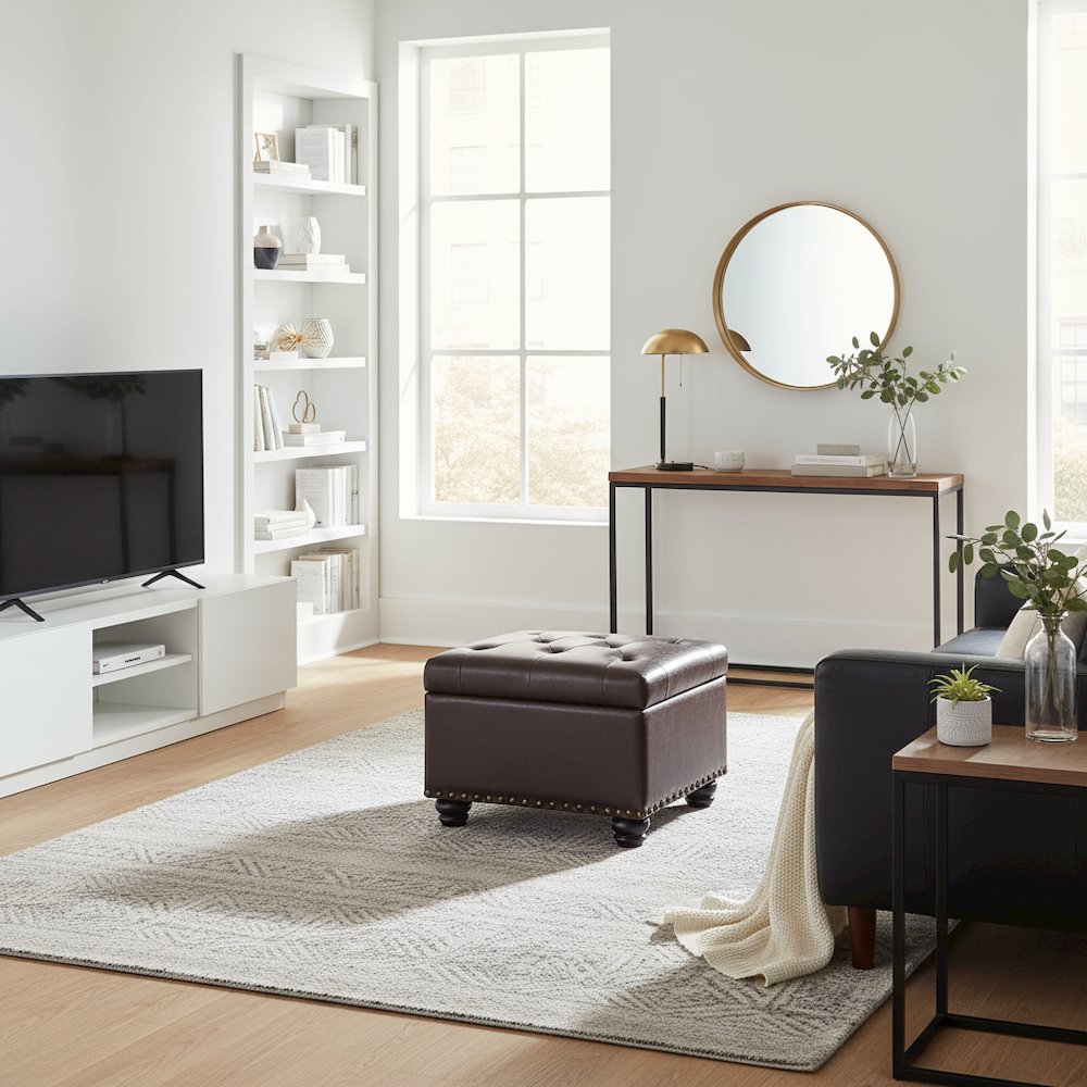 Storage Ottoman Footrest Chair in Brown Faux Leather, Pressure Hinge. Picture 2