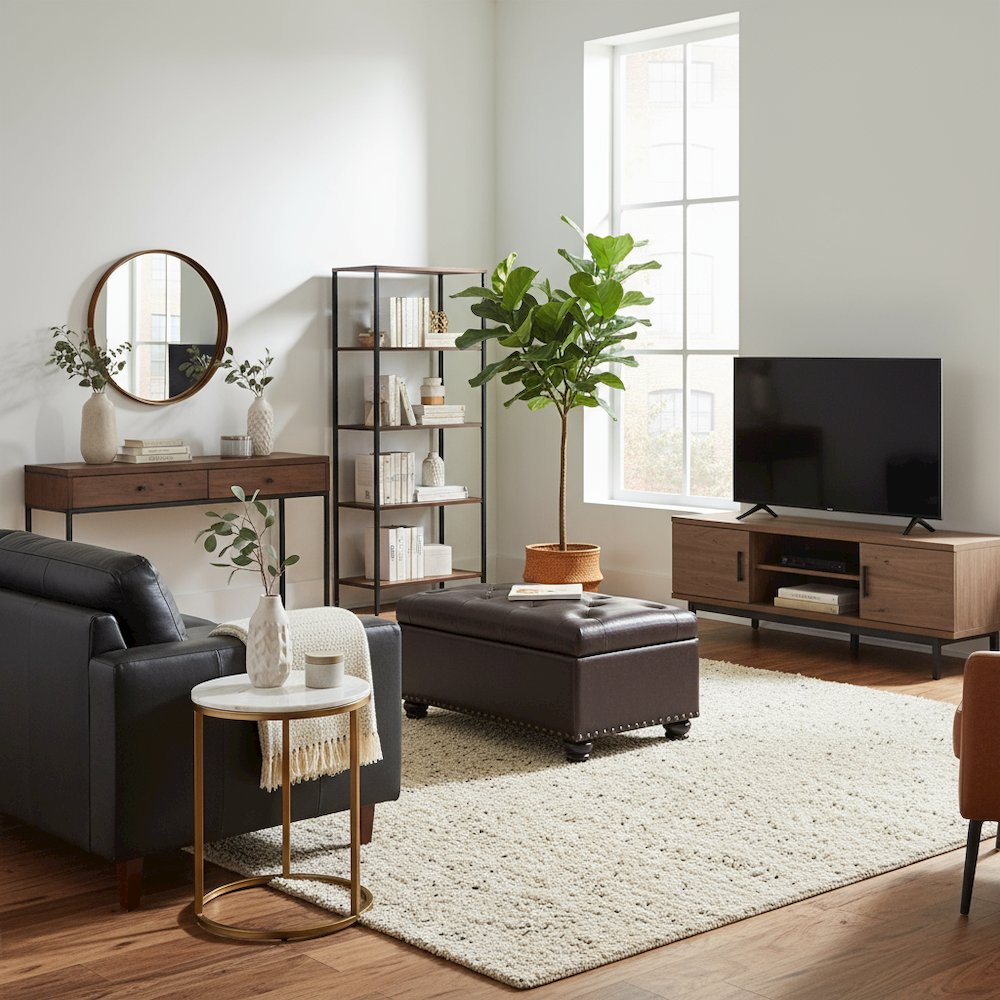 Storage Ottoman Bench Vegan Leather in Brown, Nailhead Accent, 35.5-inch. Picture 2