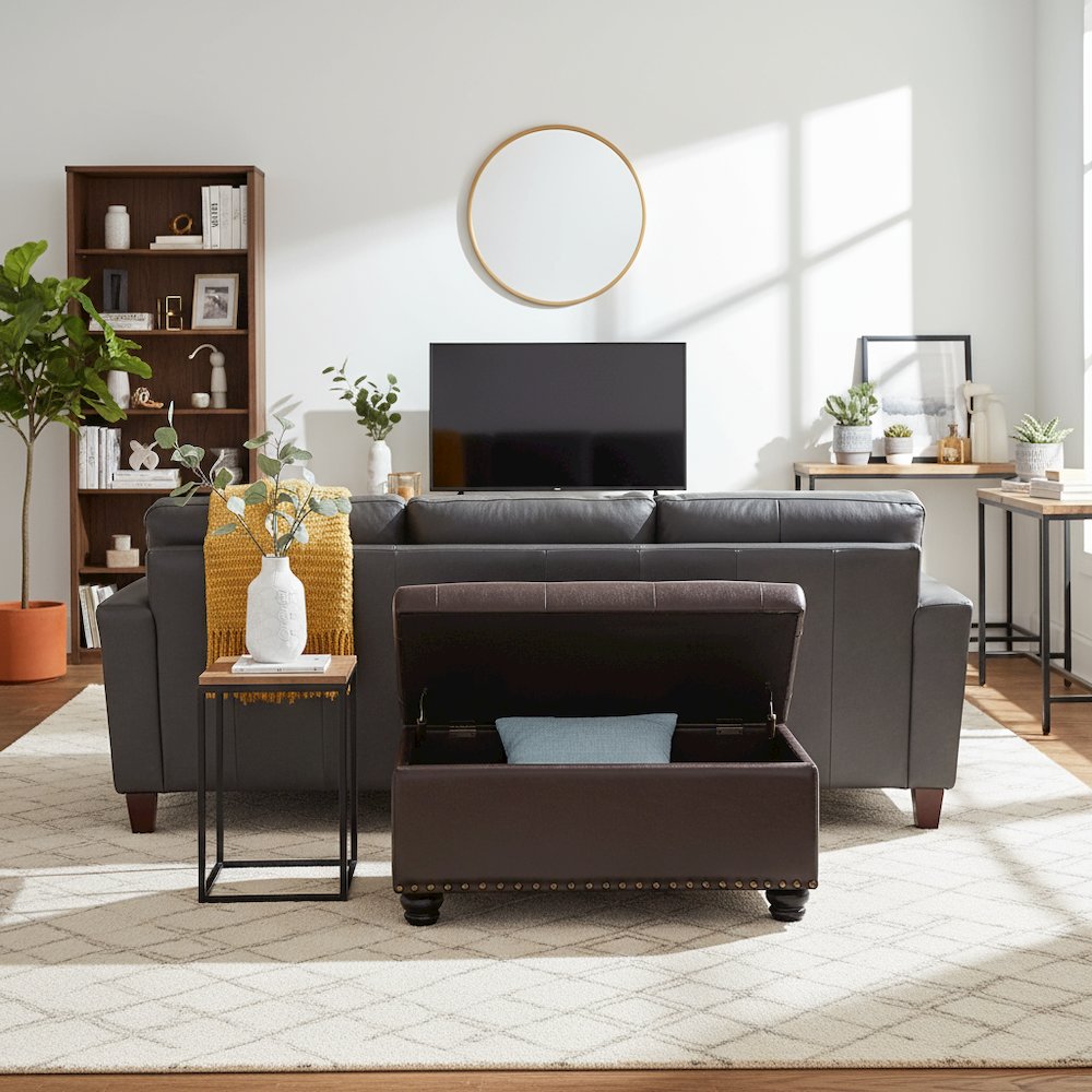 Storage Ottoman Bench Vegan Leather in Brown, Nailhead Accent, 35.5-inch. Picture 3