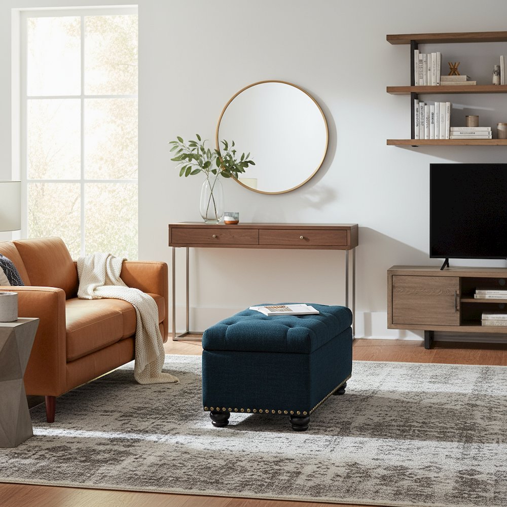 Storage Bench Ottoman in Blue Fabric, Button Tufted, Sturdy Base, 35.5-inch. Picture 3