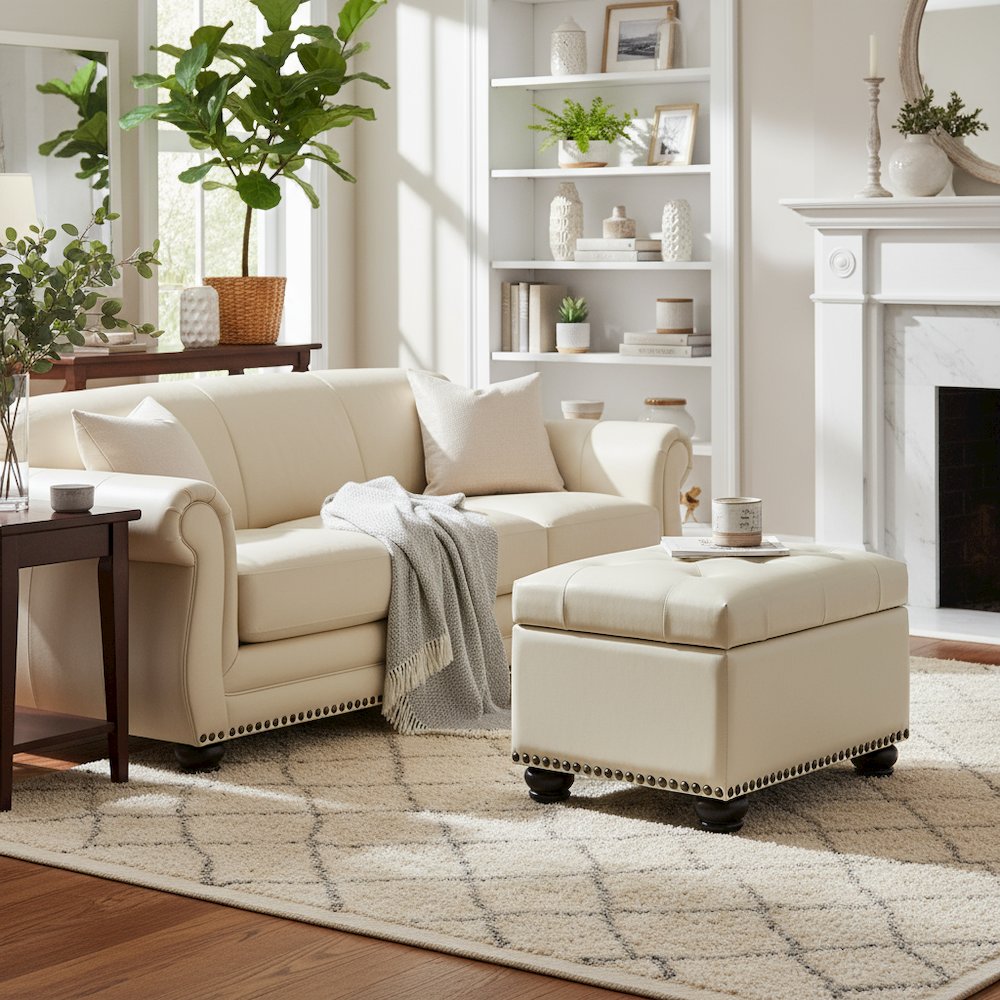Storage Footrest Ottoman Chair, White Faux Leather, Pressure Hinge. Picture 2