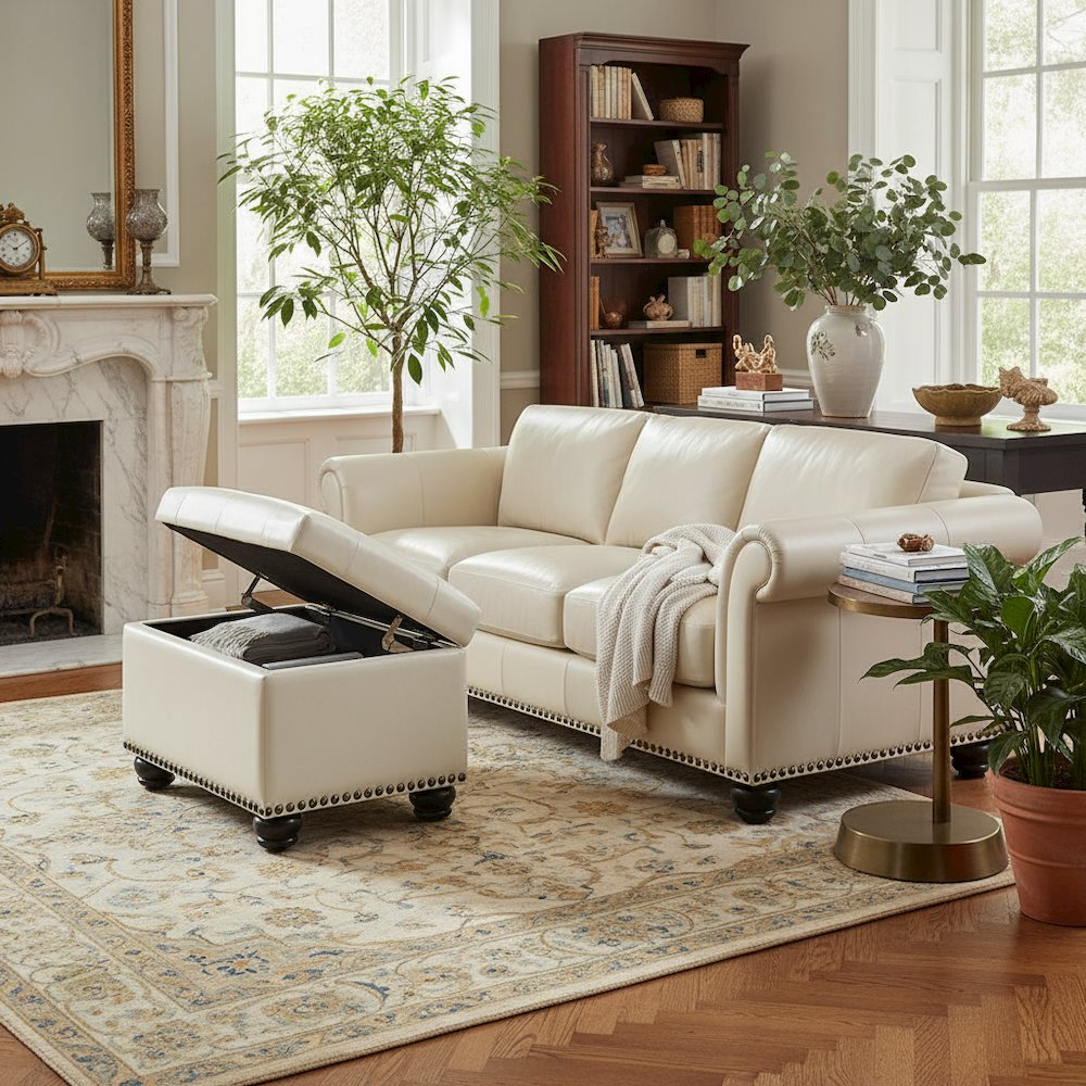 Storage Footrest Ottoman Chair, White Faux Leather, Pressure Hinge. Picture 3