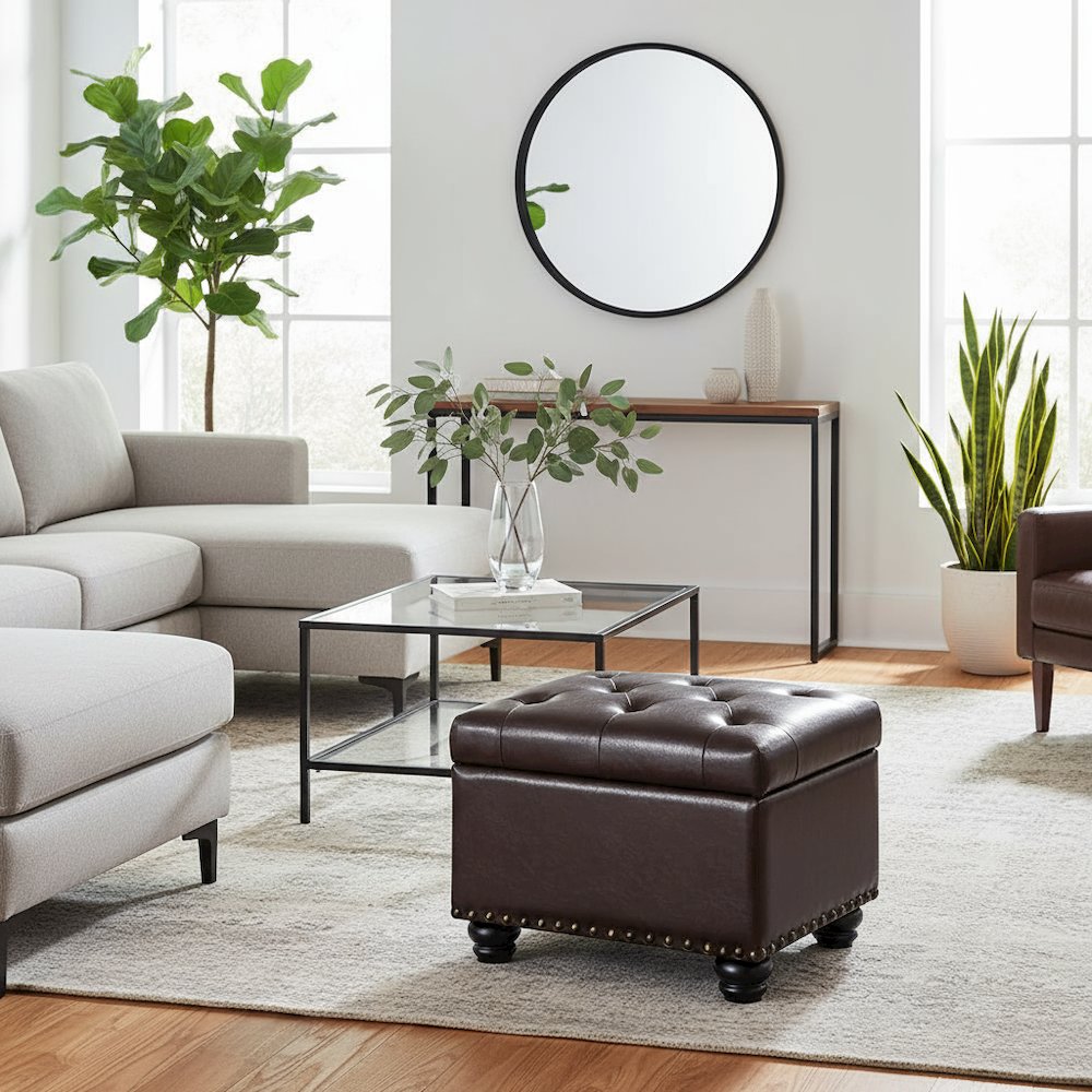 Storage Ottoman Footrest Chair in Brown Faux Leather, Pressure Hinge. Picture 3