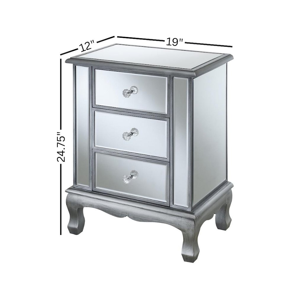 3-Drawer End Table with Mirror Finish, Glam Style, Silver, Quick Easy Assembly. Picture 5