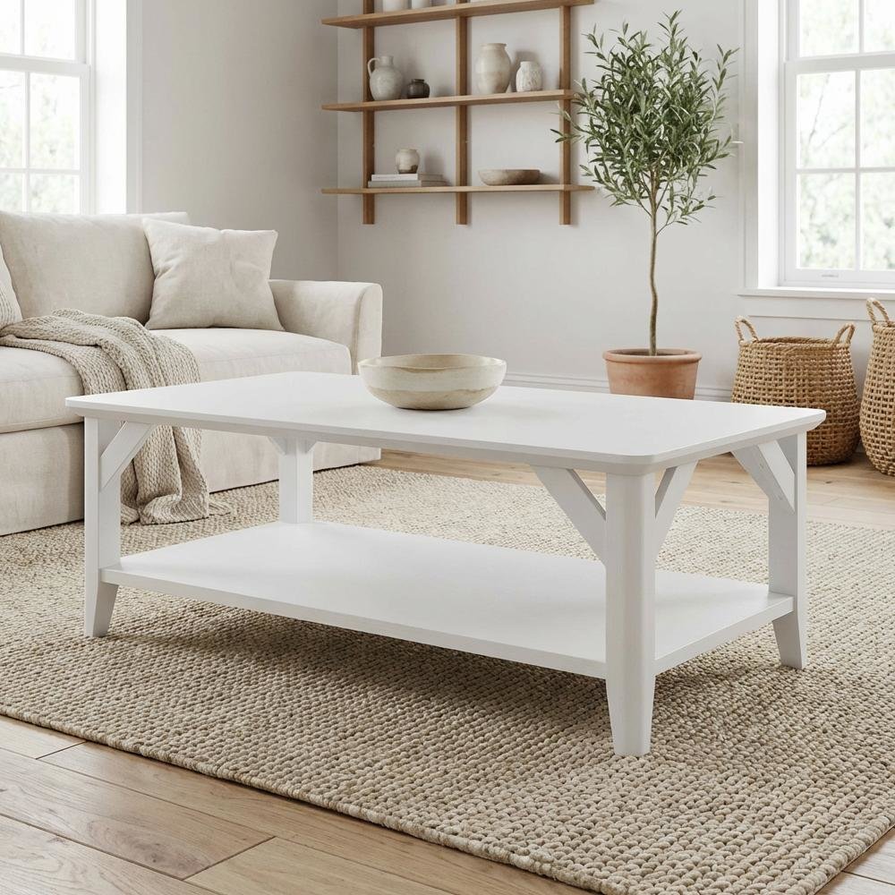 White Coffee Table with Shelf and Sturdy Construction for Living Room Storage. Picture 3