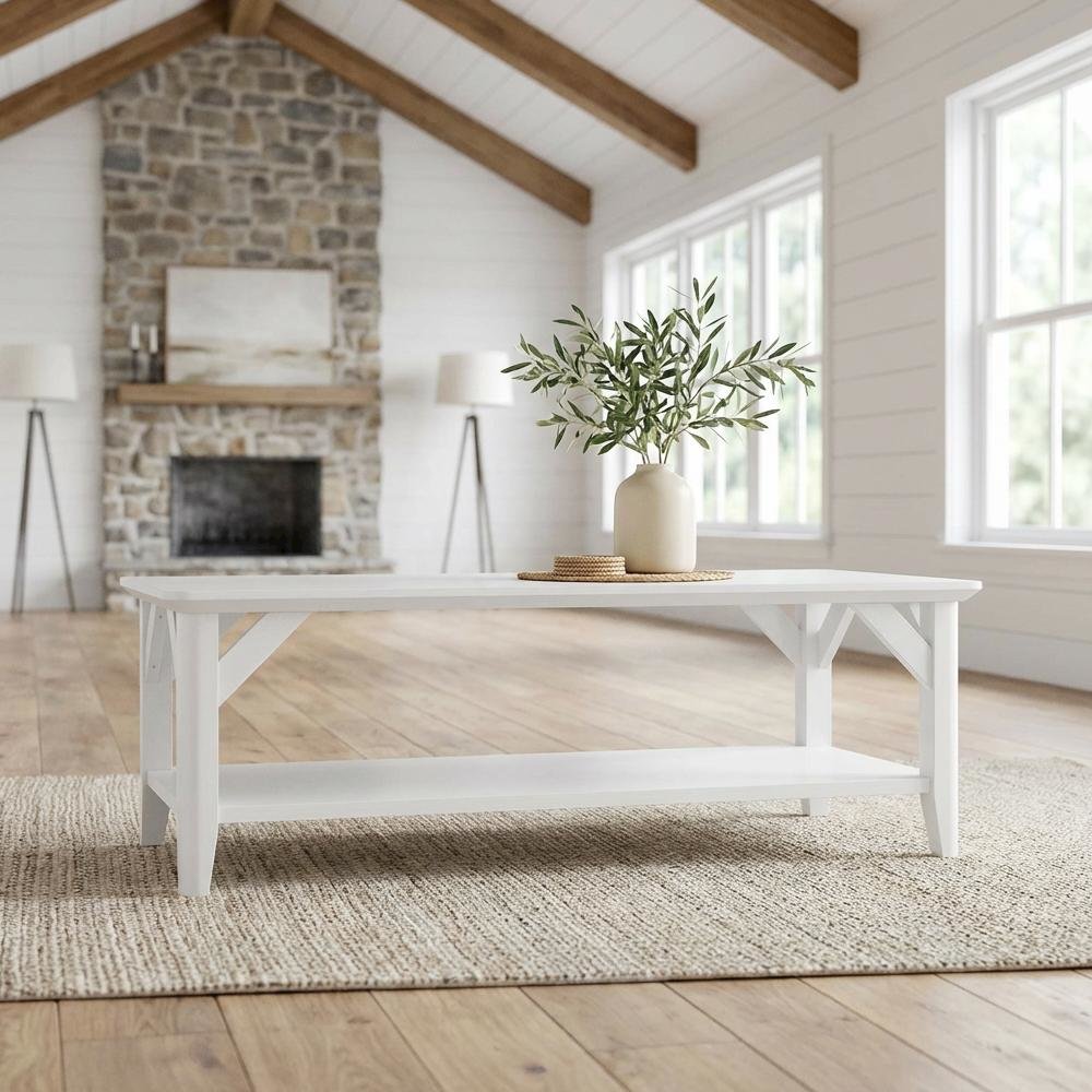 White Coffee Table with Shelf and Sturdy Construction for Living Room Storage. Picture 2