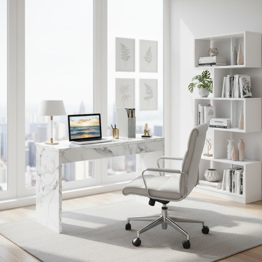 Console Desk Hall Table with Faux Marble Finish, White Color, Versatile Use, 48". Picture 2