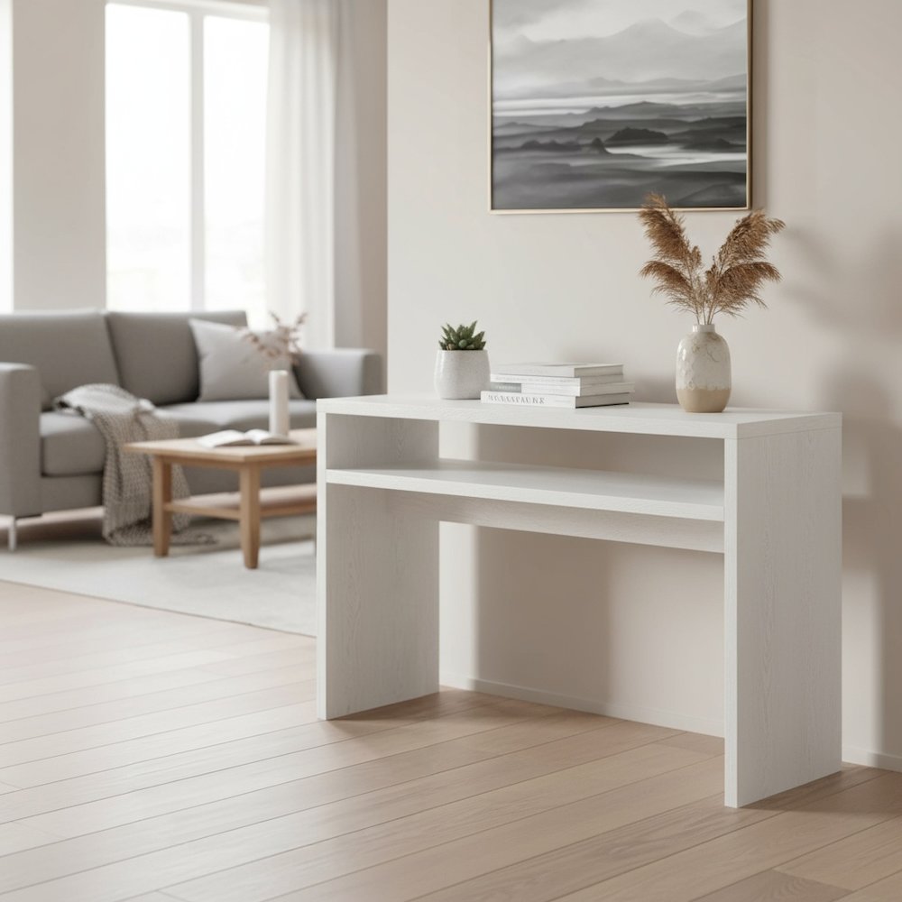Deluxe Console Table with Spacious Top, Storage Shelf, White Finish, 30-inch. Picture 3