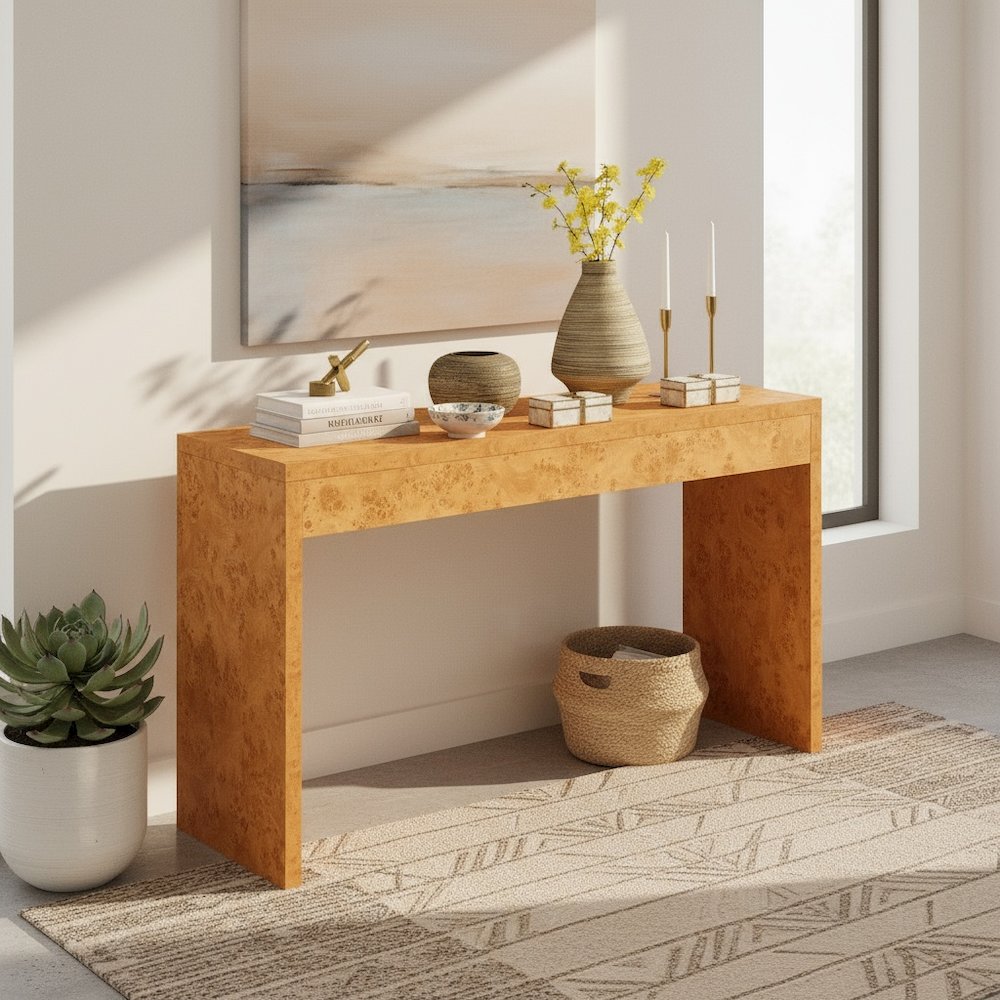 Console Desk Hall Table with Burl Finish, Wide Spacious Top, Beige, 48" Long. Picture 3