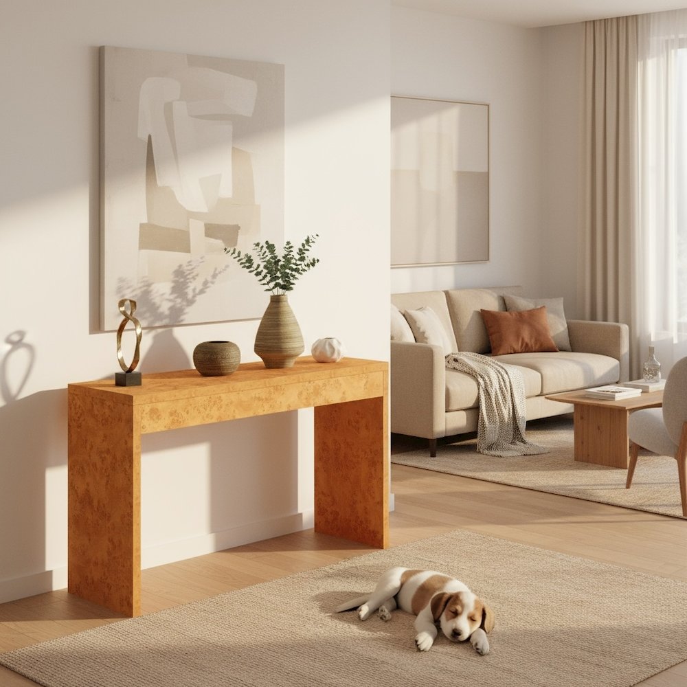 Console Desk Hall Table with Burl Finish, Wide Spacious Top, Beige, 48" Long. Picture 2