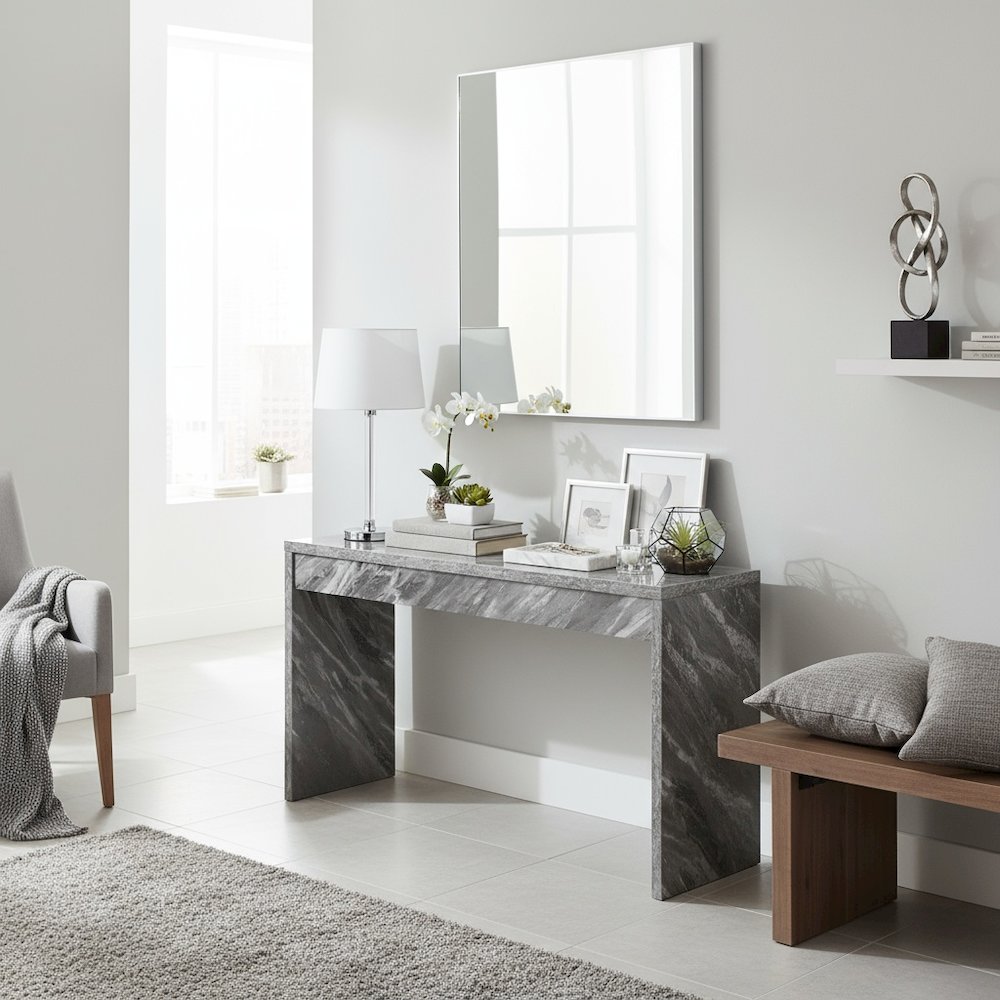 Console Desk, White, 48 Inch, Versatile, Faux Marble Top. Picture 2