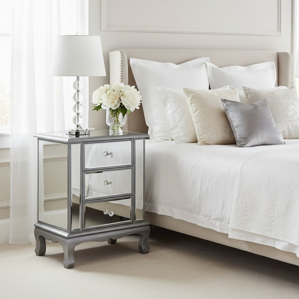 3-Drawer End Table with Mirror Finish, Glam Style, Silver, Quick Easy Assembly. Picture 2