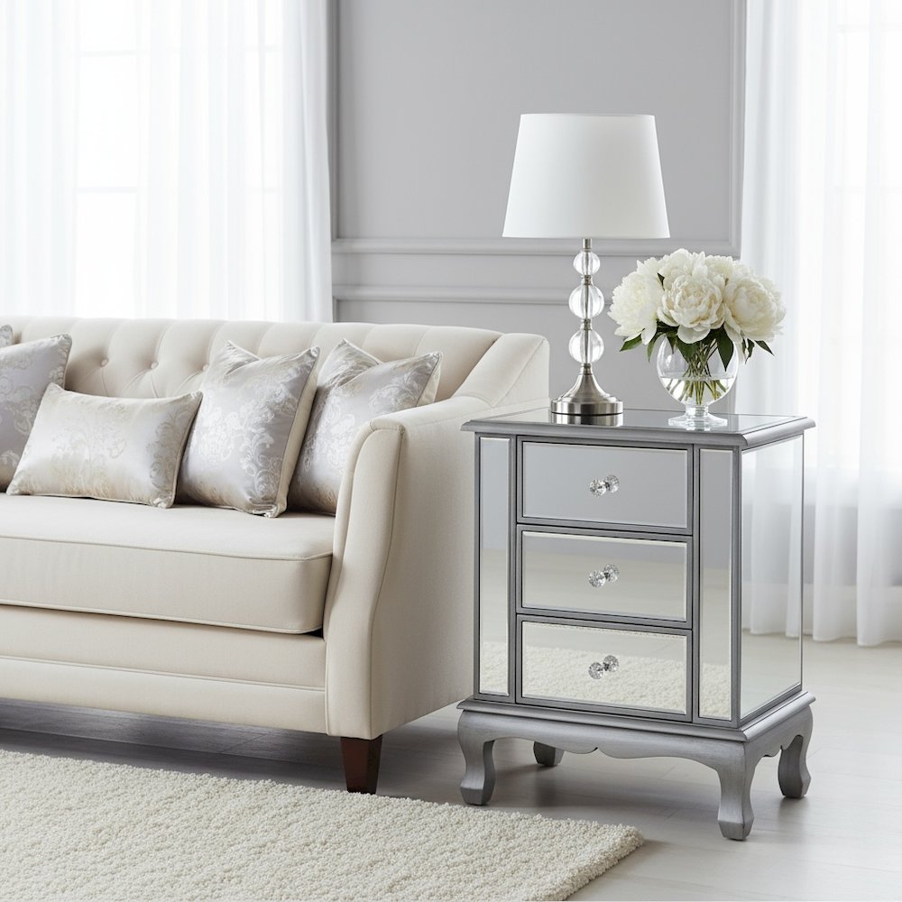 3-Drawer End Table with Mirror Finish, Glam Style, Silver, Quick Easy Assembly. Picture 3