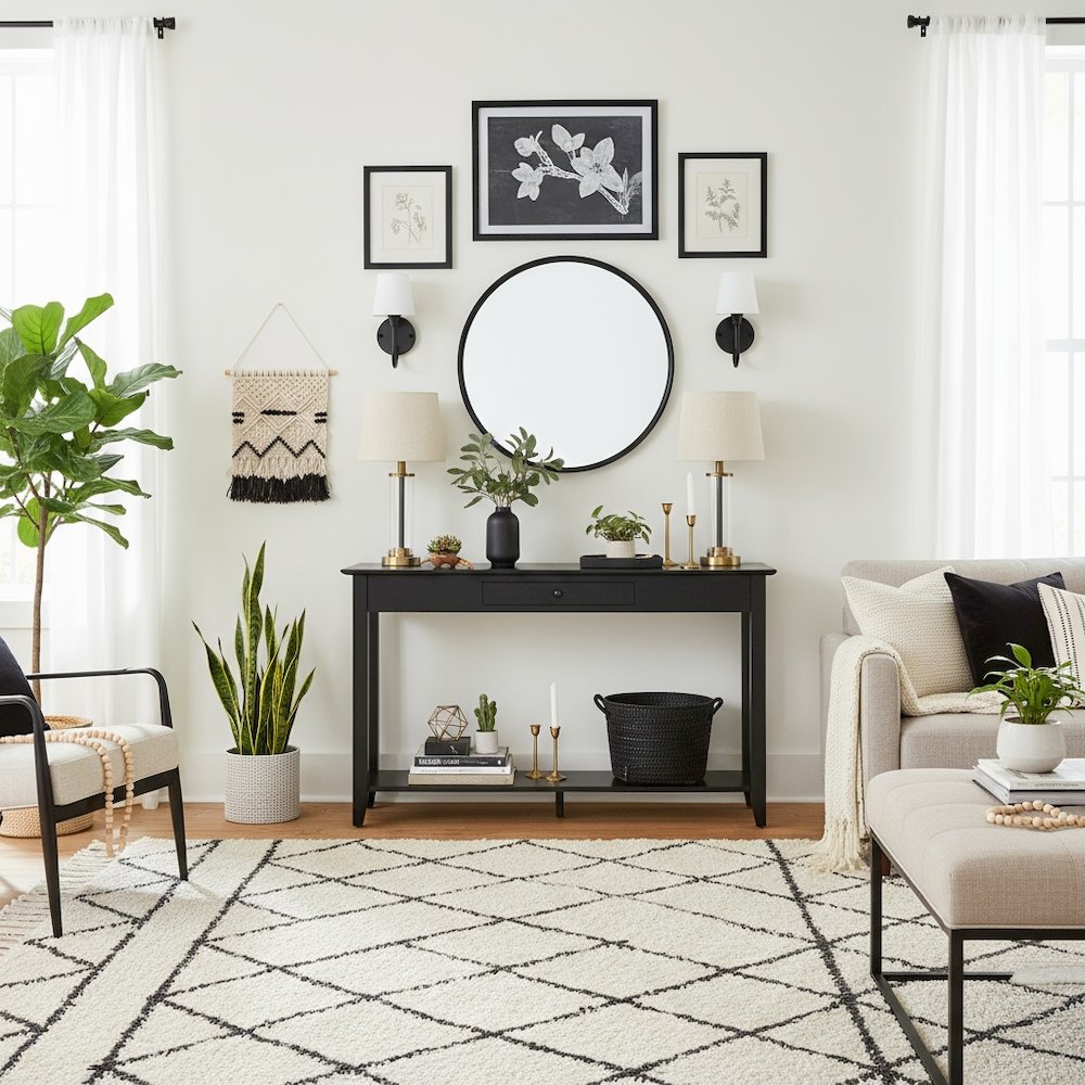 Classic Console Table, Black, Drawer, Shelf, Entryway Accent. Picture 3