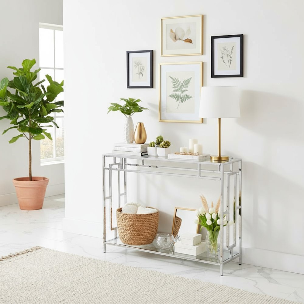 Glass Entry Table, Chrome, Display Shelf, Modern, Easy Setup. Picture 2