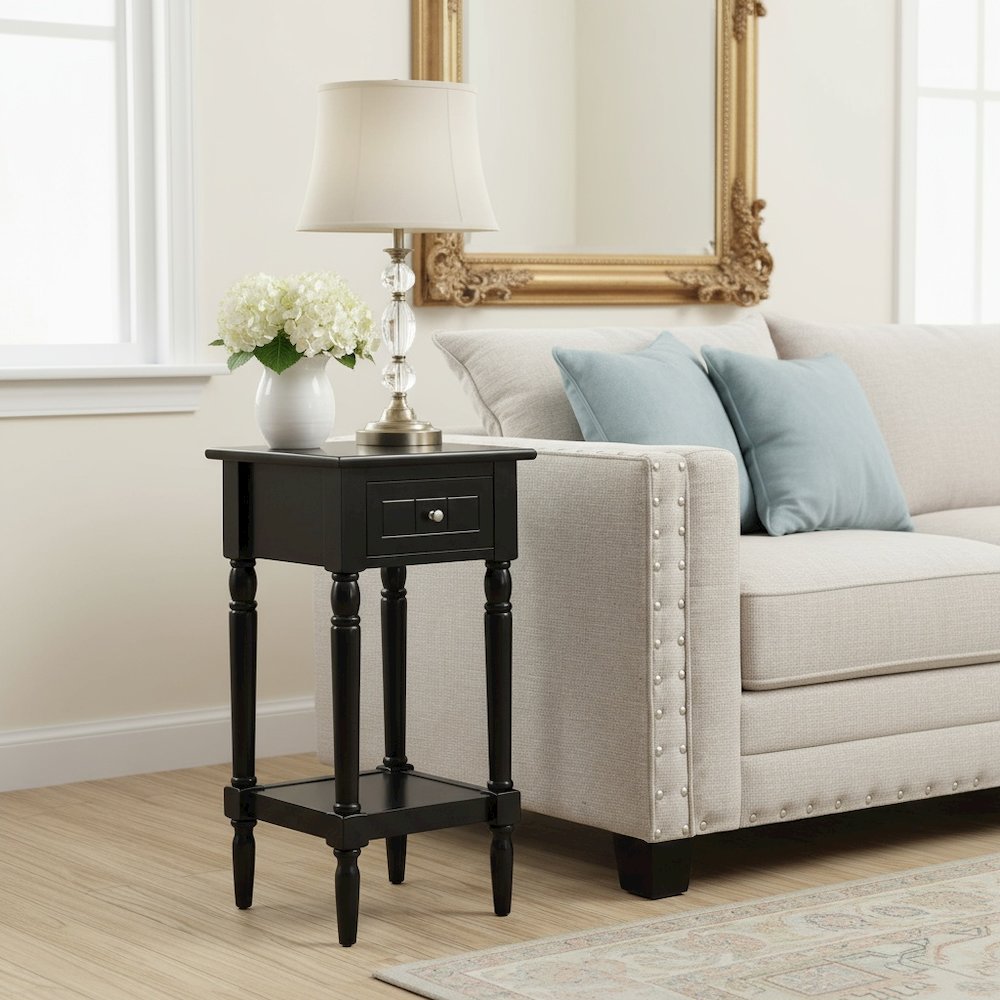Accent Table, Black, Drawer, Shelf, Solid Wood Legs, 14 Inch. Picture 2