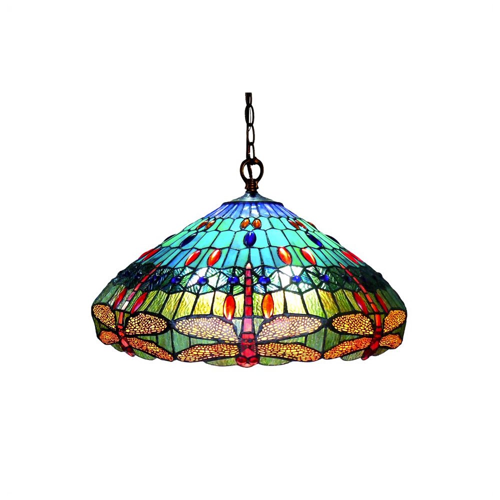 SCARLET Tiffany-style 3 Light Dragonfly Hanging Pendant Lamp 24" Shade. Picture 1