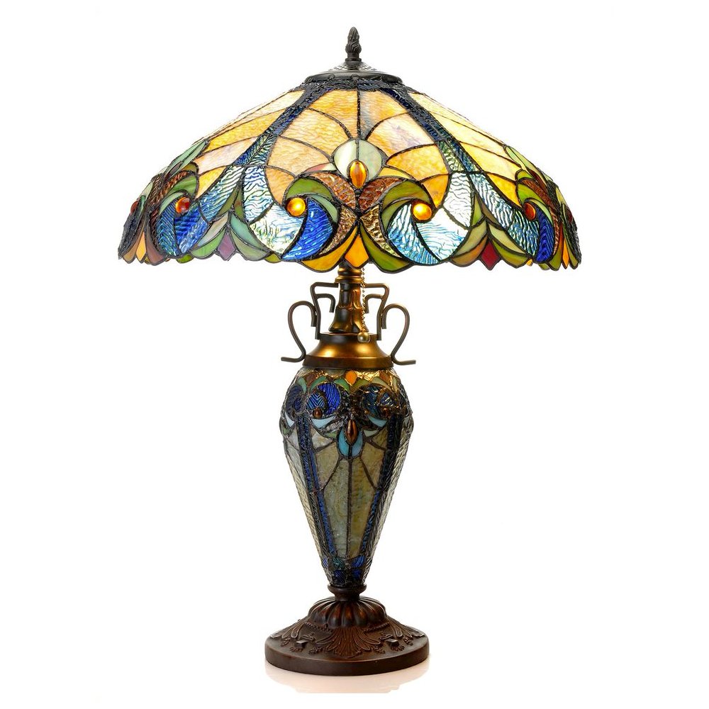 LIAISON Tiffany-style 3 Light Victorian Double Lit Table Lamp 18" Shade. Picture 1