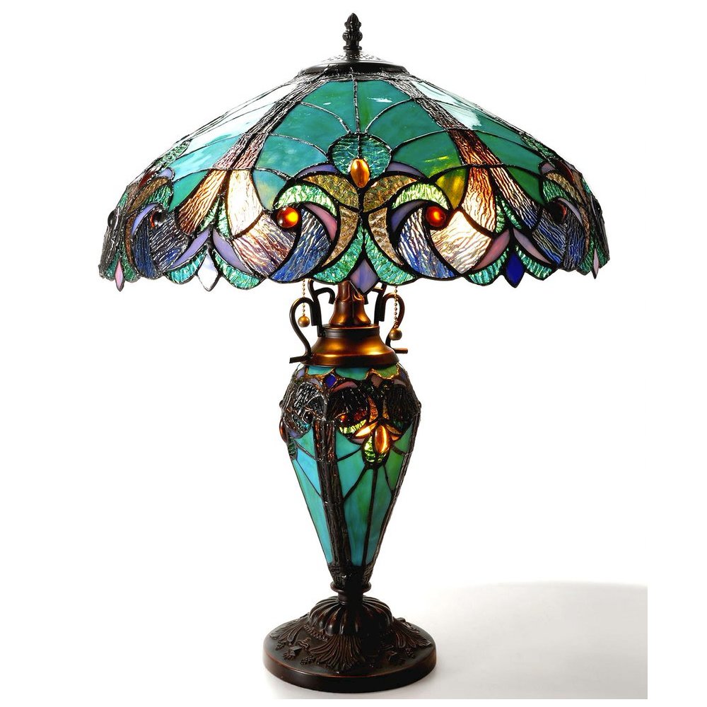 LIAISON Tiffany-style 3 Light Victorian Double Lit Table Lamp 18" Shade. Picture 1