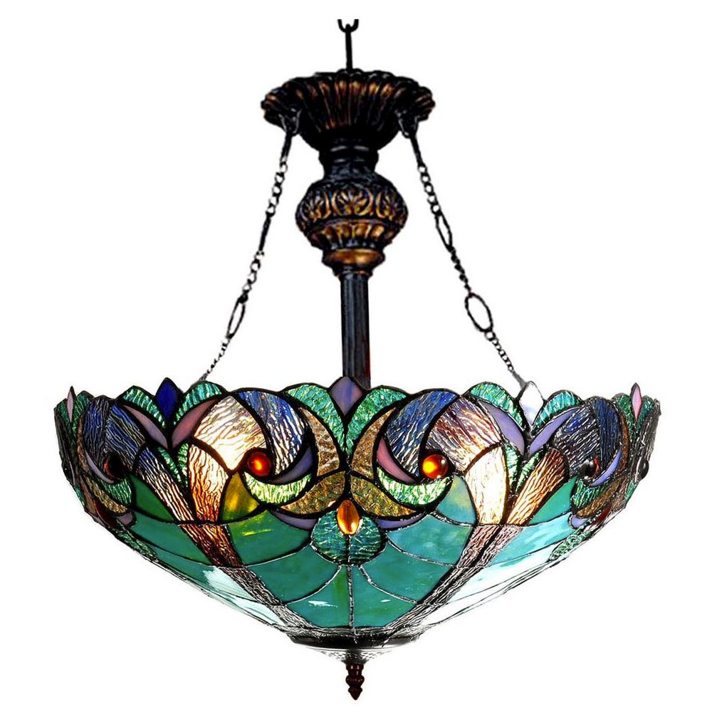 LIAISON Tiffany-style 2 Light Victorian Inverted Ceiling Pendant 18" Shade. Picture 1