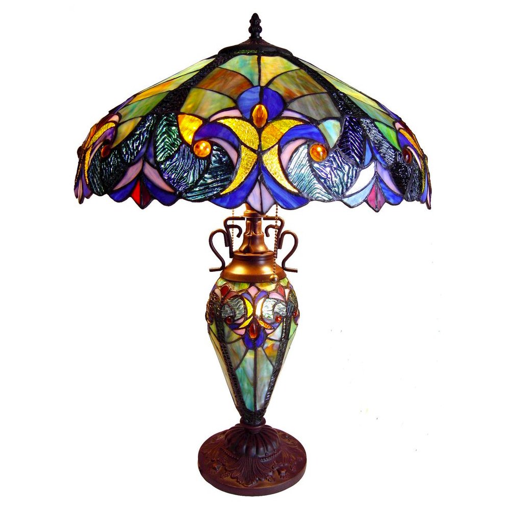 LIAISON Tiffany-style 3 Light Victorian Double Lit Table Lamp 18" Shade. Picture 1