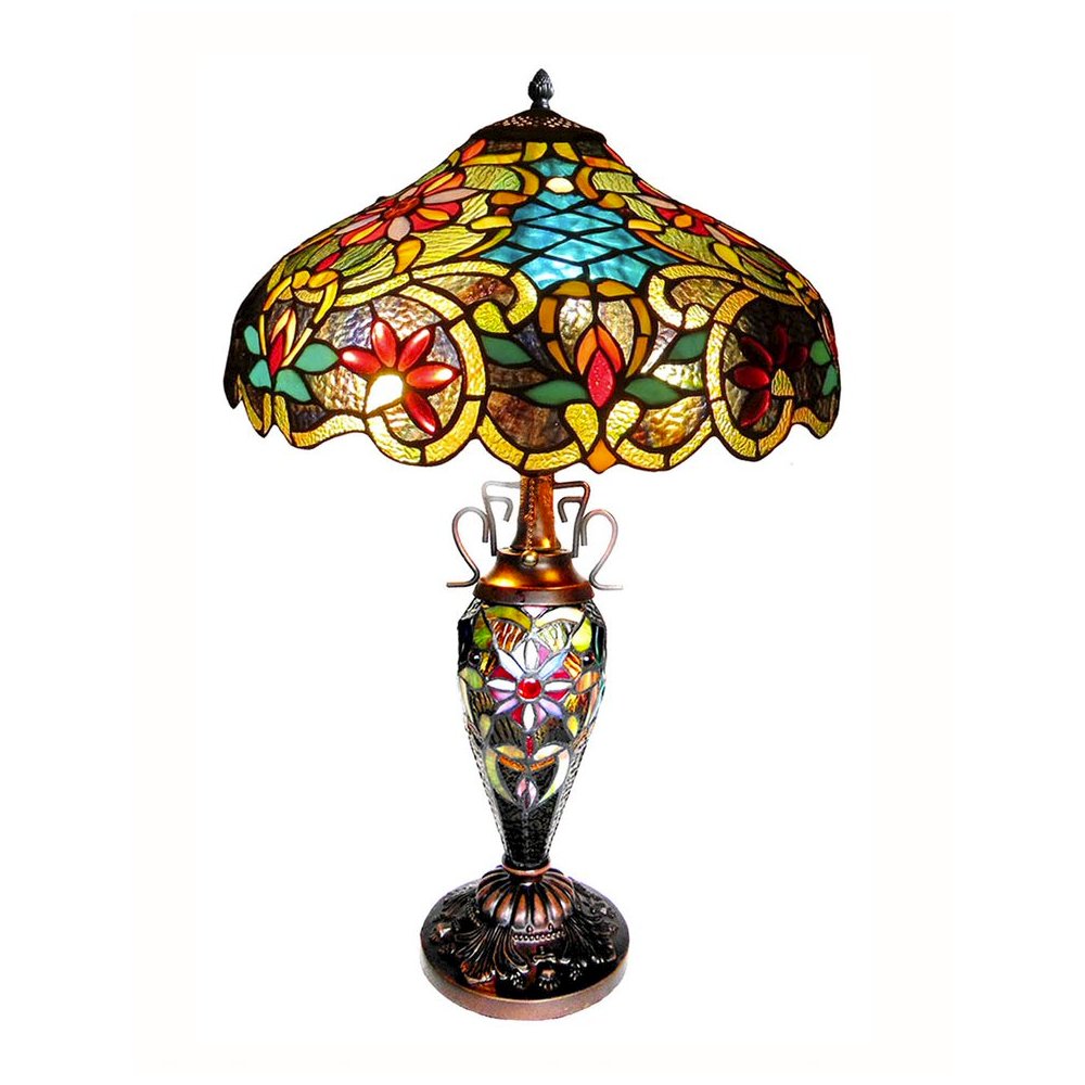 LESLIE Tiffany-style Victorian 3 Light Double Lit Table Lamp 18" Shade. Picture 1