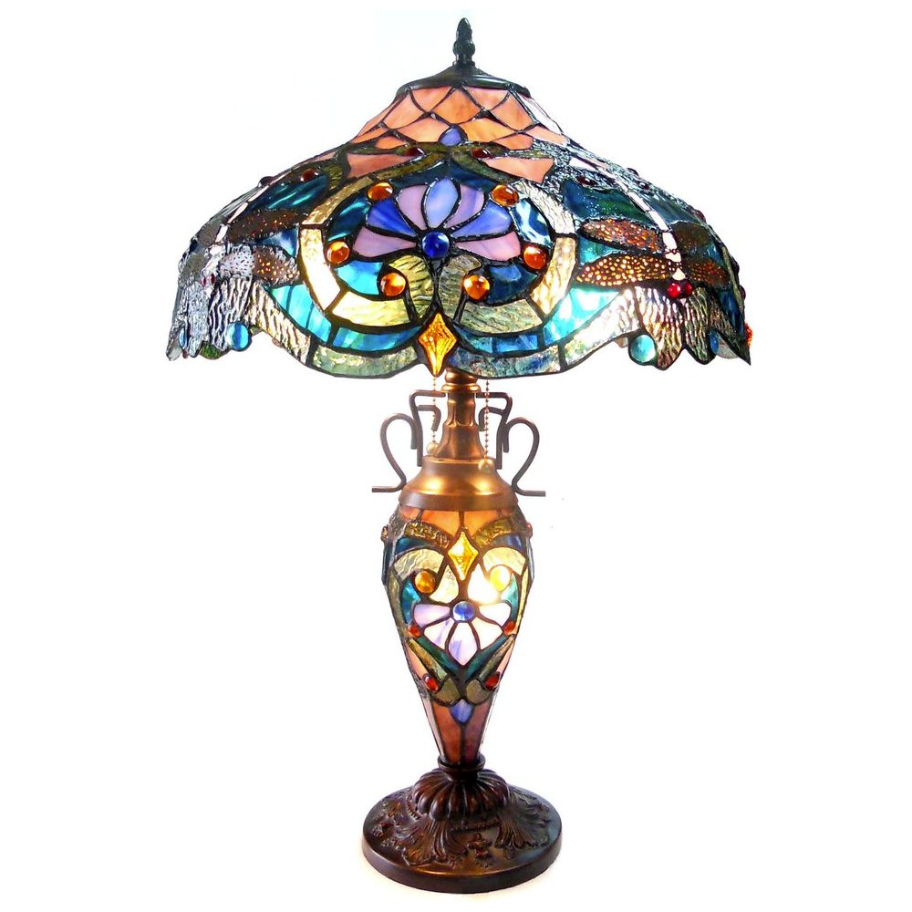 LYDIA Tiffany-style 3 Light Victorian Double Lit Table Lamp 17" Shade. Picture 1