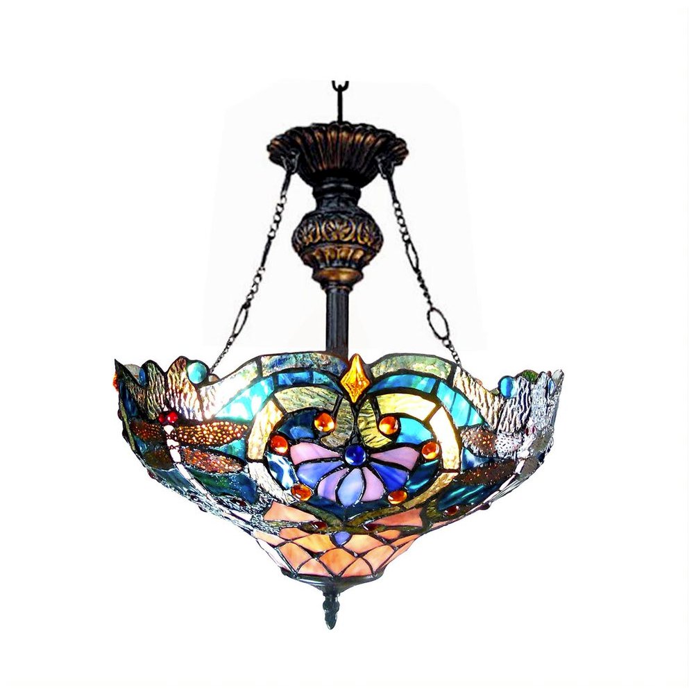 LYDIA Tiffany-style 2 Light Victorian Inverted Ceiling Pendant Fixture 17" Shade. Picture 1