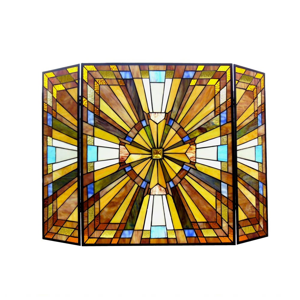 FLARE Tiffany-glass Mission 3pcs Folding Fireplace Screen 38" Wide. Picture 1