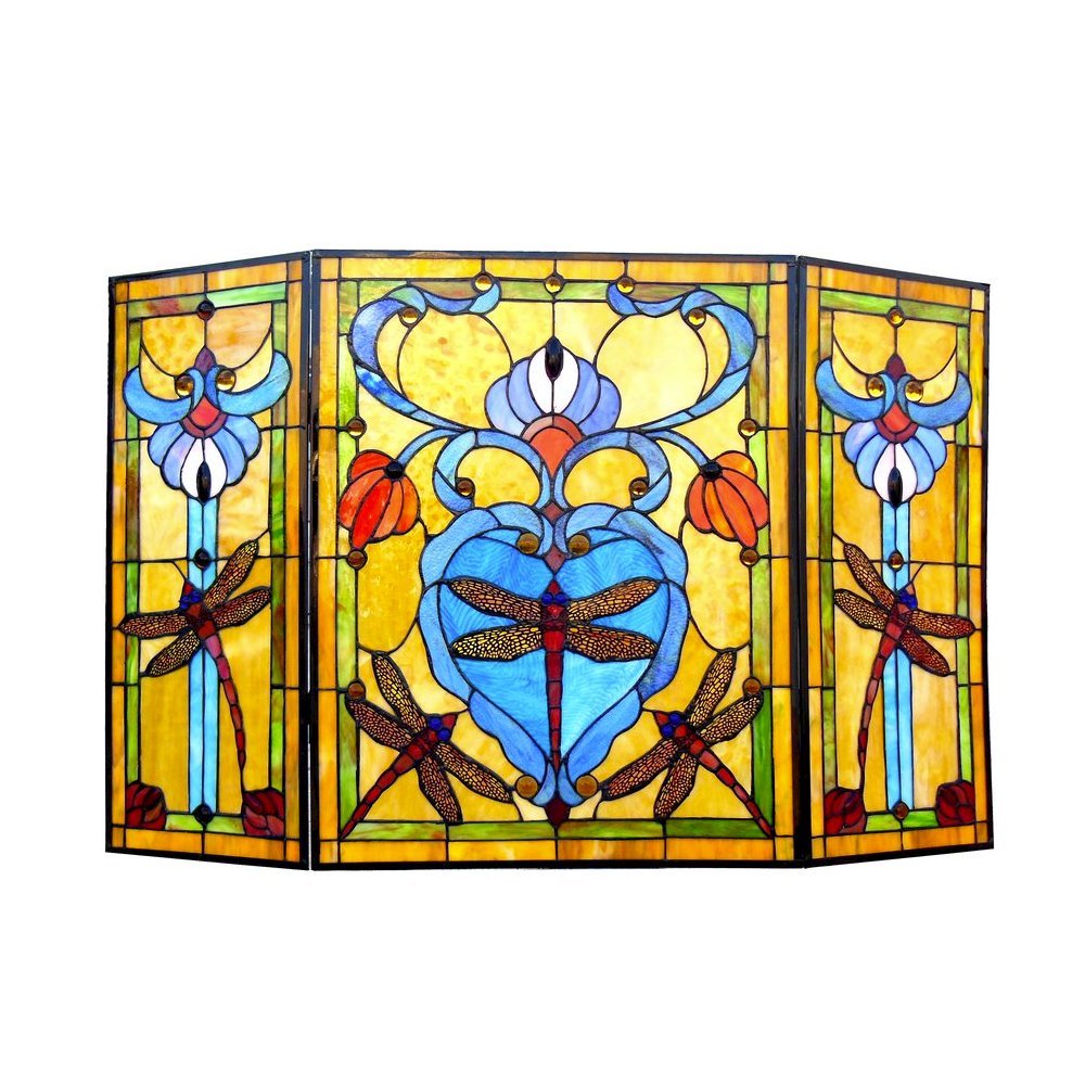 ZYGO Tiffany-style 3pcs Folding Dragonfly Fireplace Screen 44" Wide. Picture 1