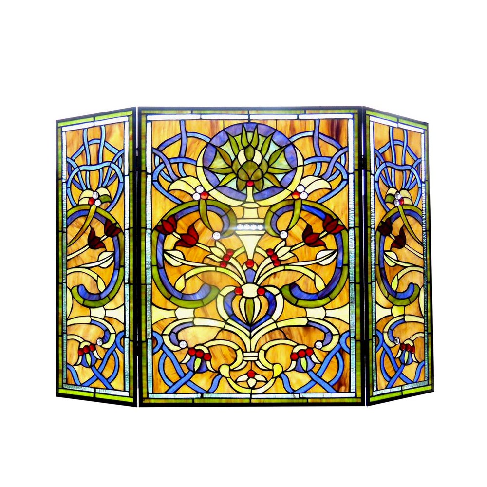 BARDOT Tiffany-glass Victorian 3pcs Folding Fireplace Screen 40" Wide. Picture 1