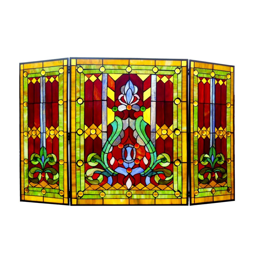 Tiffany-glass 3pcs Folding Victorian Fireplace Screen 44" Wide. Picture 1