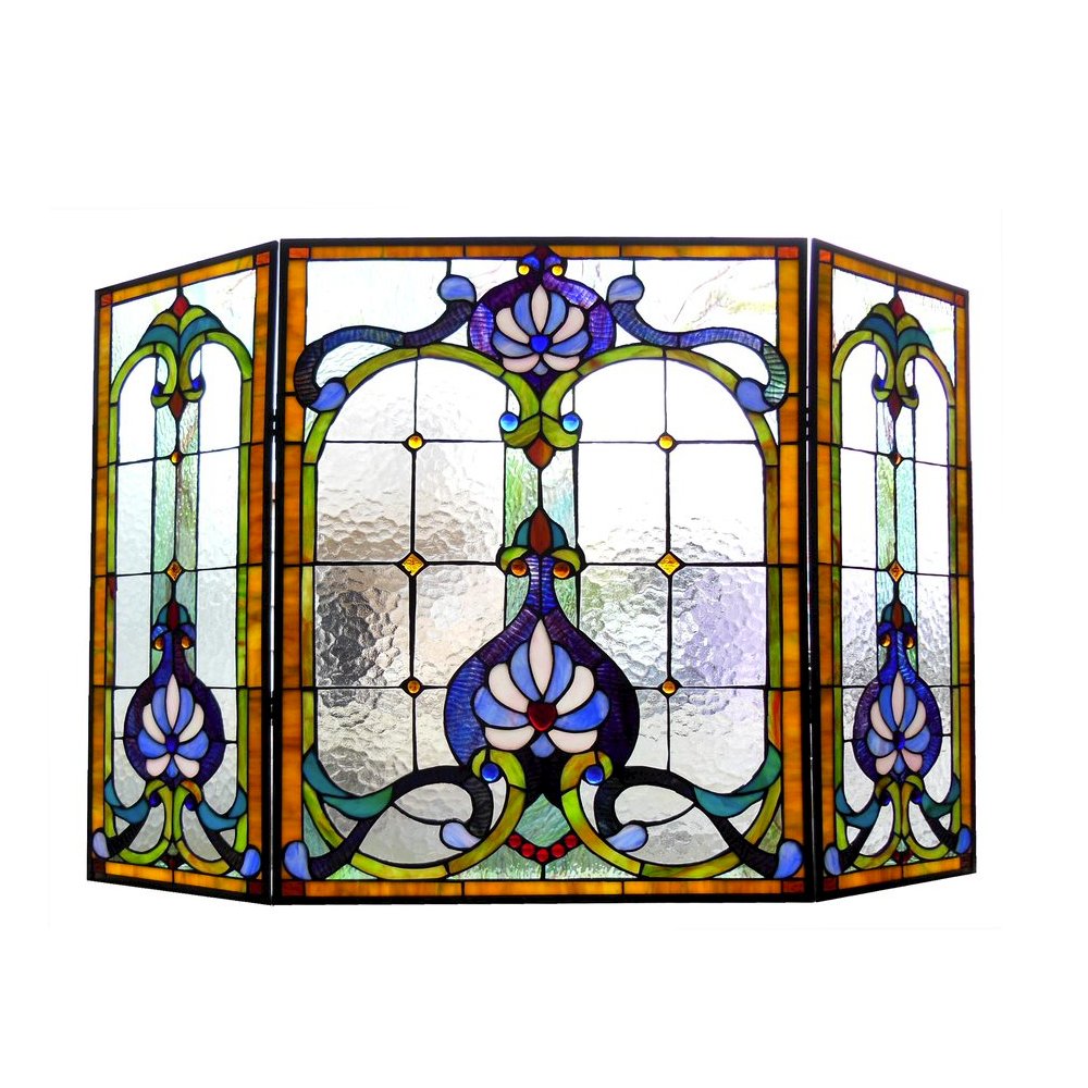 Tiffany-glass 3pcs Folding Victorian Fireplace Screen 44" Wide. Picture 1