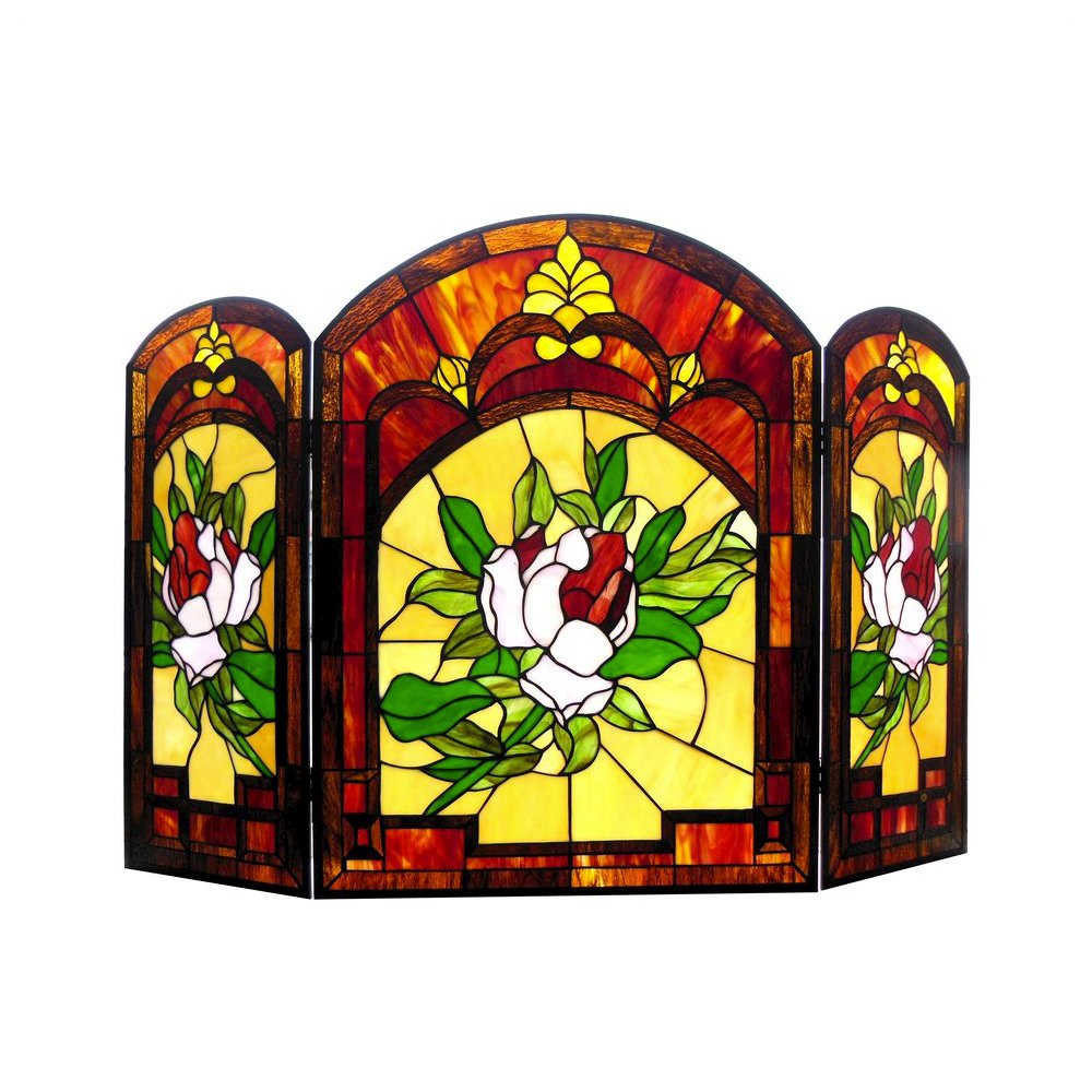 IGGY Tiffany-glass Floral Design 3pcs Folding Fireplace Screen 42" Wide. Picture 1