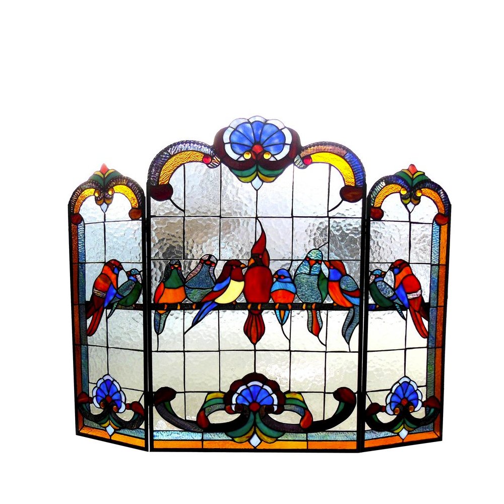 AVES Tiffany-glass Gathering Birds Design 3pcs Folding Fireplace Screen 40" Wide. Picture 1