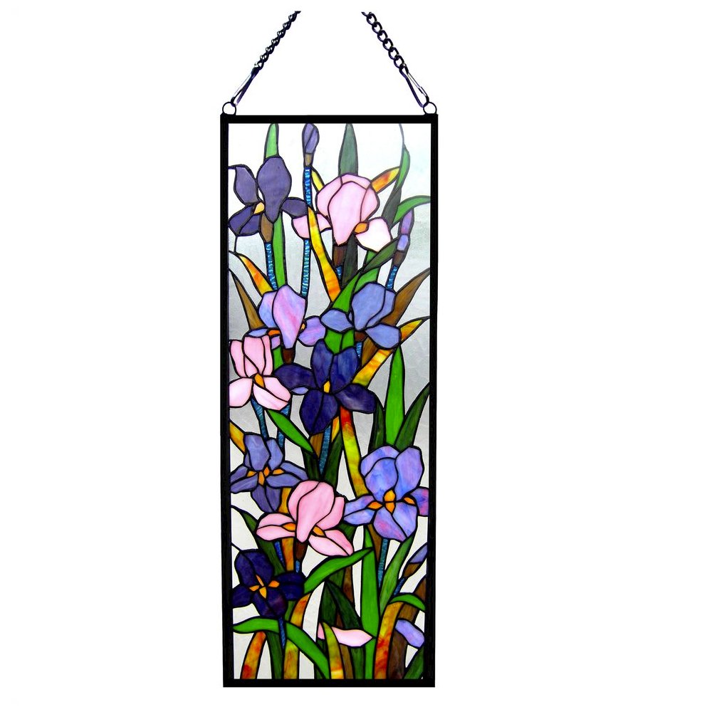 SORORIA Tiffany-glass Iris Design Window Panel 11.5x31.5. Picture 1