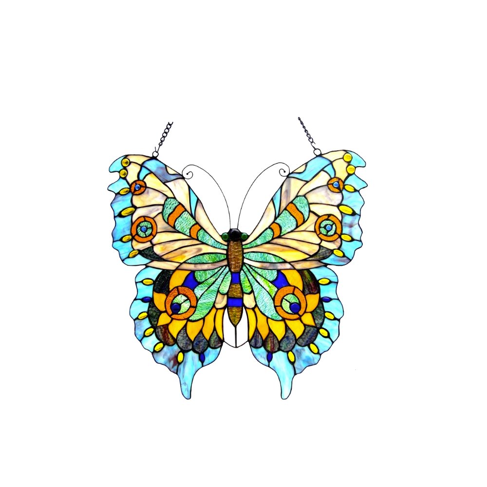 MARIPOSA Tiffany-glass Butterfly Window Panel 20x21. Picture 1