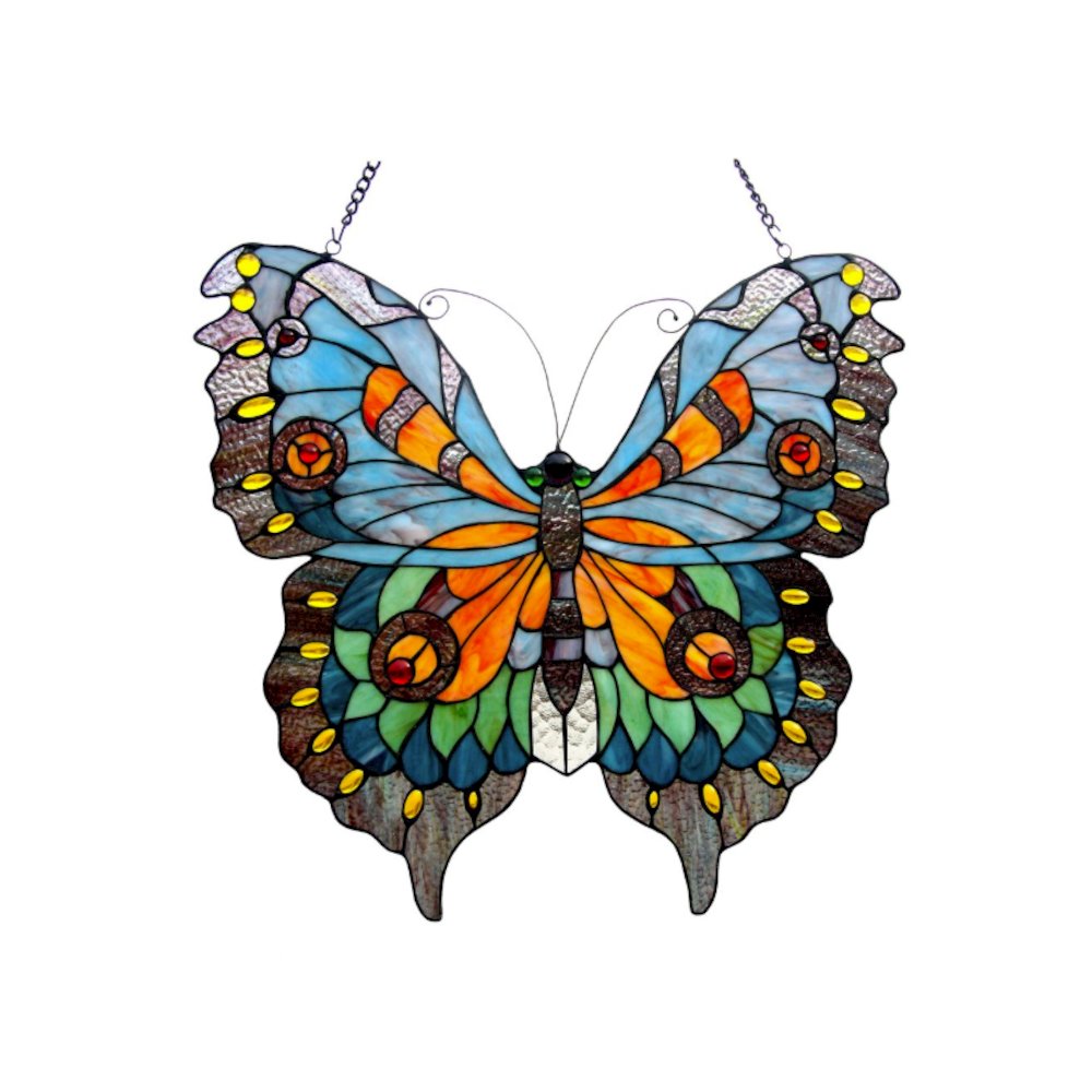MARIPOSA Tiffany-glass Butterfly Window Panel 21x20. Picture 1