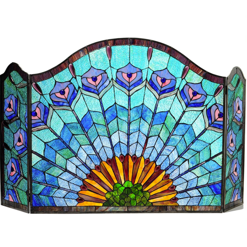 REGAL EUDORA Tiffany-glass 3pcs Folding Peacock Fireplace Screen 48" Wide. Picture 1