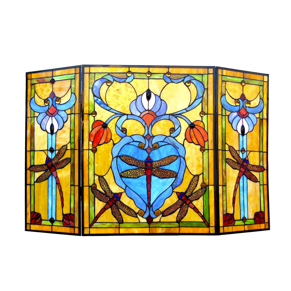 ZYGO Tiffany-style 3pcs Folding Dragonfly Fireplace Screen 44" Wide. Picture 1