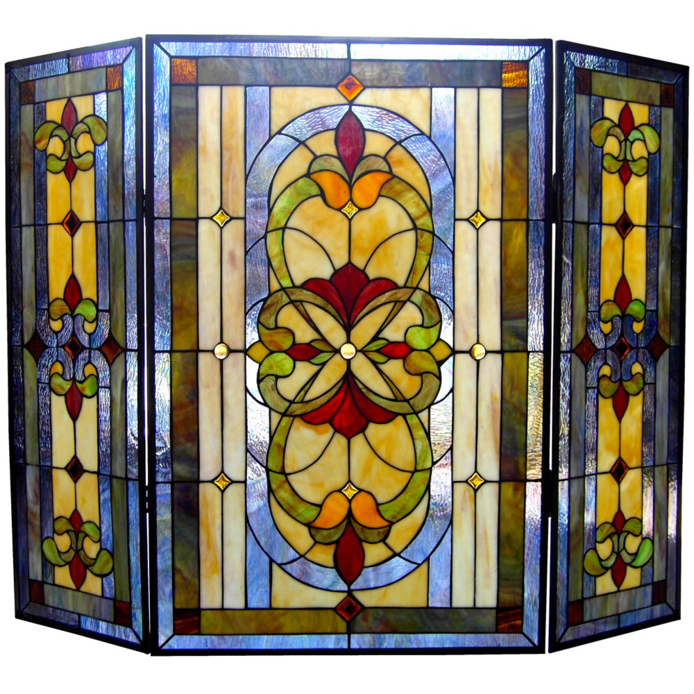 Tiffany-glass 3pcs Folding Victorian Fireplace Screen 40" Wide. Picture 1
