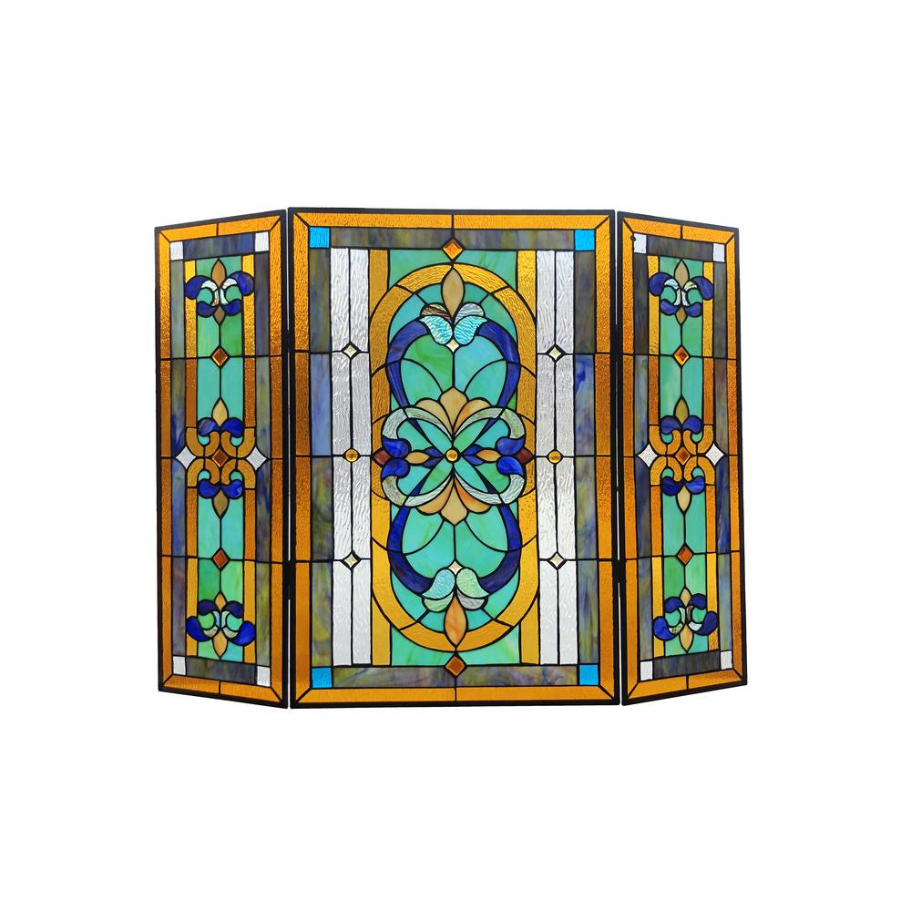 CHLOE Lighting PALACE Tiffany-Style 3pcs Folding Victorian Stained Glass Fireplace Screen 40" Width. Picture 1