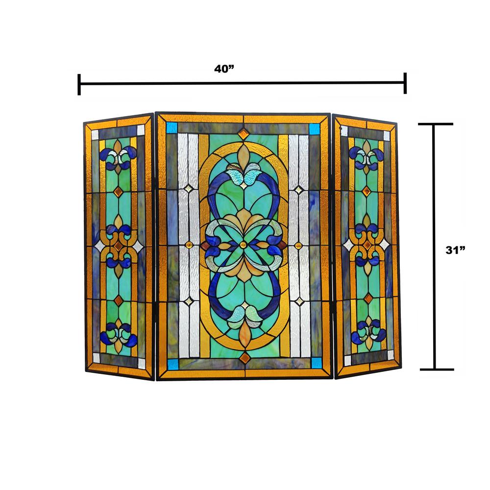 CHLOE Lighting PALACE Tiffany-Style 3pcs Folding Victorian Stained Glass Fireplace Screen 40" Width. Picture 4