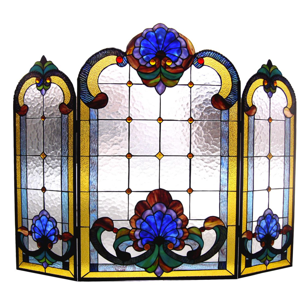 Tiffany-glass 3pcs Folding Victorian Fireplace Screen 40" Wide. Picture 1