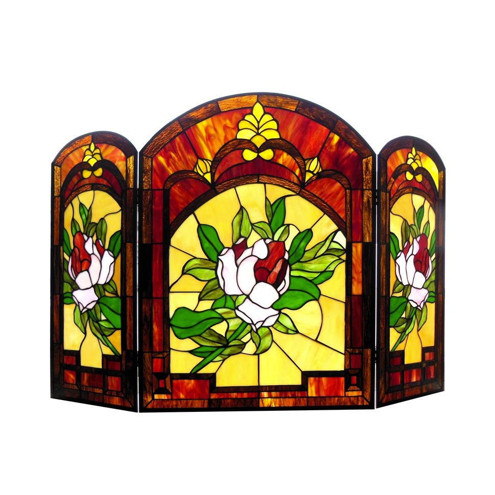 IGGY Tiffany-glass Floral Design 3pcs Folding Fireplace Screen 42" Wide. Picture 1