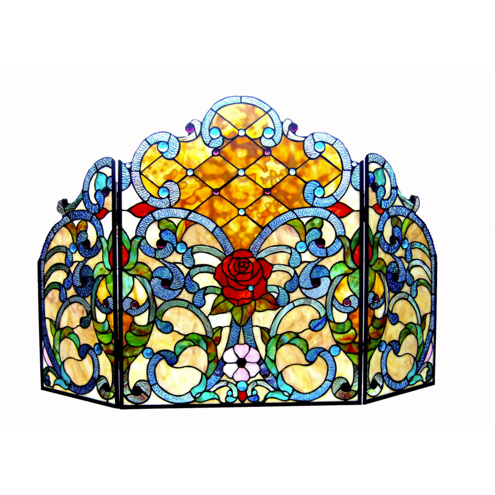 Tiffany-glass 3pcs Folding Victorian Fireplace Screen 44" Wide. Picture 1