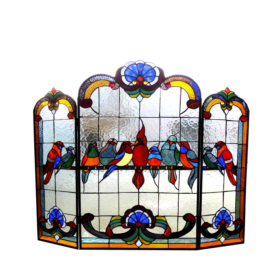AVES Tiffany-glass Gathering Birds Design 3pcs Folding Fireplace Screen 40" Wide. Picture 1
