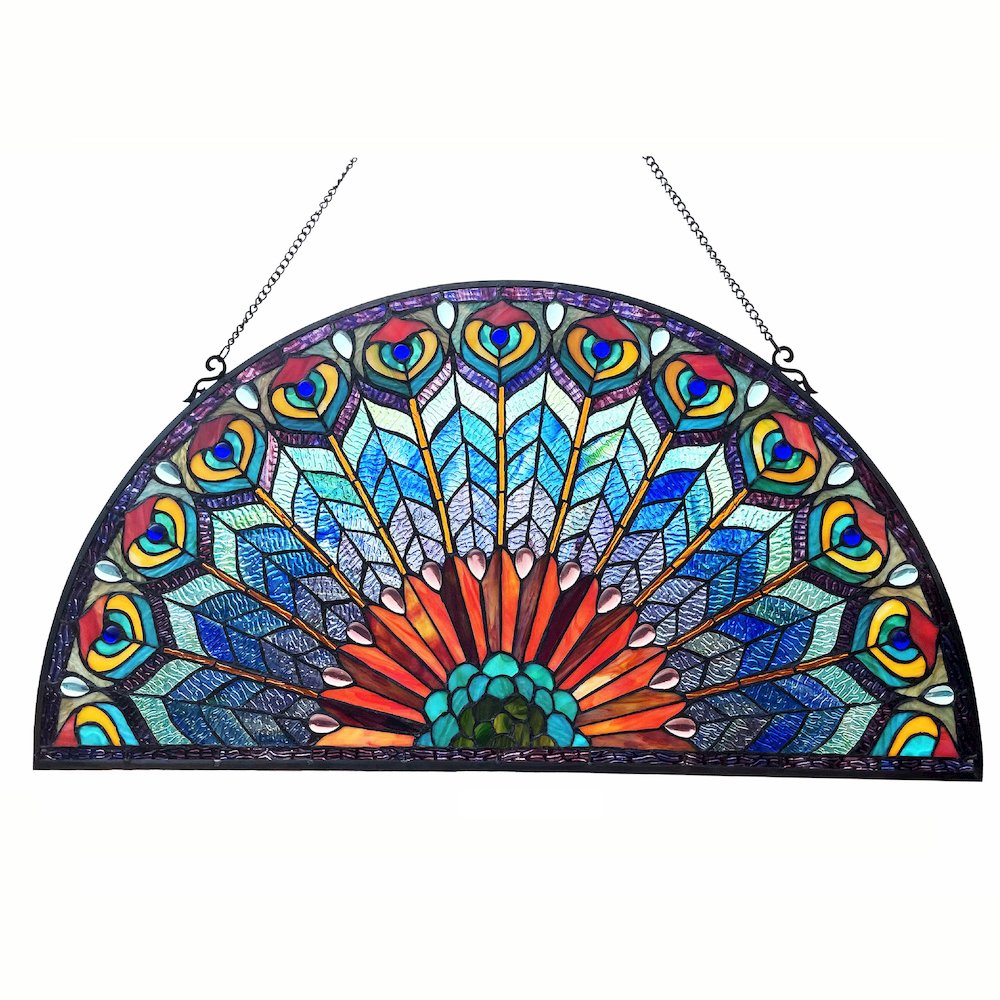 Regal Eudora Tiffany-Style Peacock Feather Glass Window Panel 35"X18". Picture 2