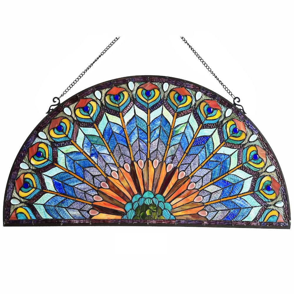 Regal Eudora Tiffany-Style Peacock Feather Glass Window Panel 35"X18". Picture 1
